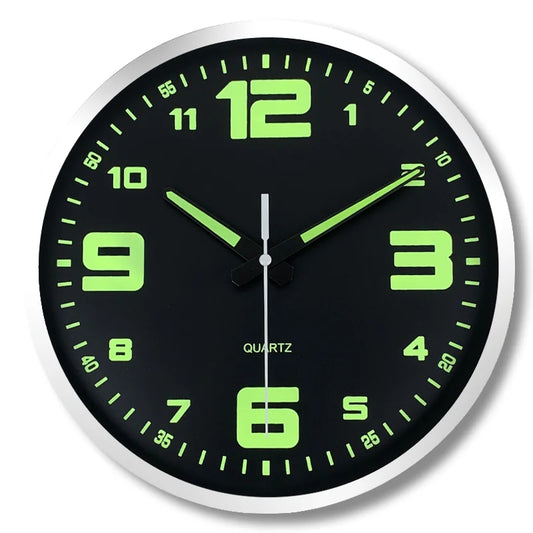 An 8-inch modern black digital hands glow-in-the dark plastic glass clock wall, silent clock, living room bedroom decor