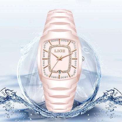 LIGE Elegant Luxury Watches for Woman Classic Fashion Casual Ceramic Strap Auto Date Waterproof Quartz Women's Watch Ladies Gift