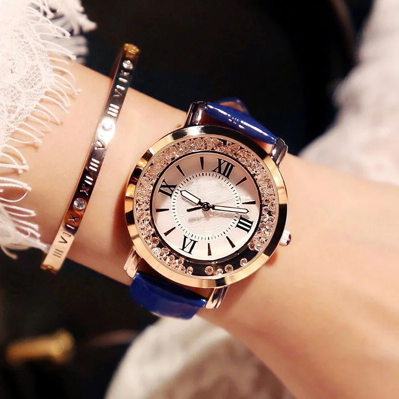 Woman Watch Simple Quartz Wrist Watches for Women Leather Strap Crystal Beads Round Dial Wristwatches Dress Clock Reloj Mujer