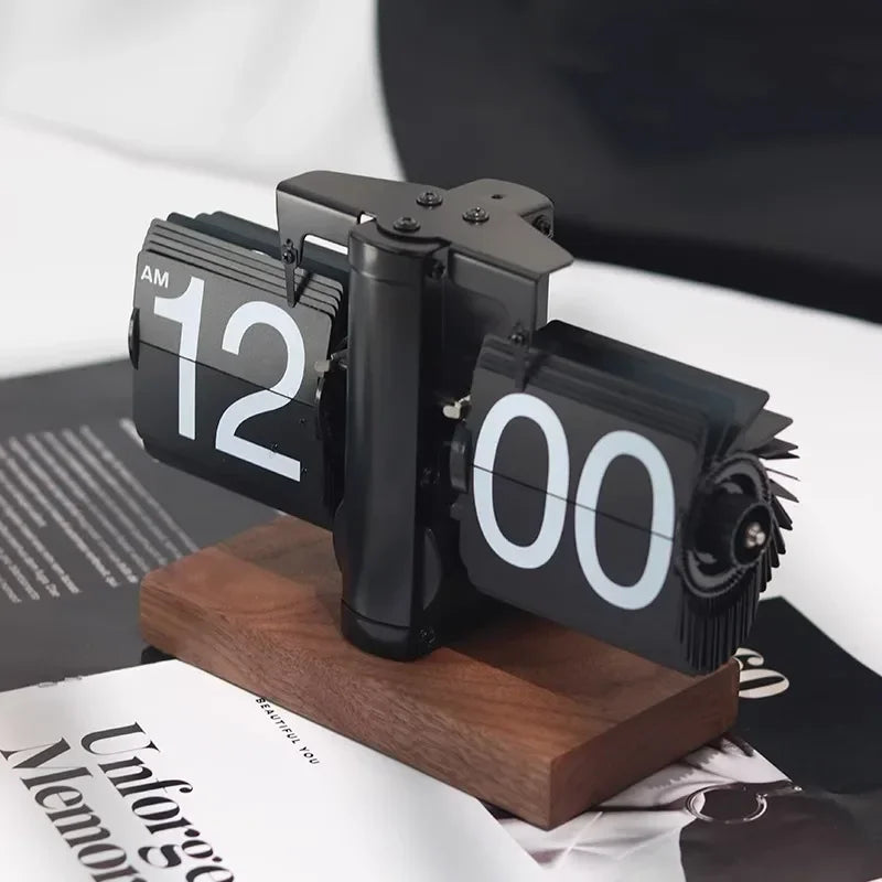 Automatic Page Turning Table Clock Creative Digital Desk Clocks Art Watches Aesthetic Living Room Decoration Solid Wood Base