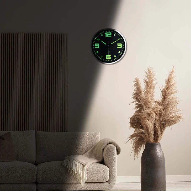An 8-inch modern black digital hands glow-in-the dark plastic glass clock wall, silent clock, living room bedroom decor