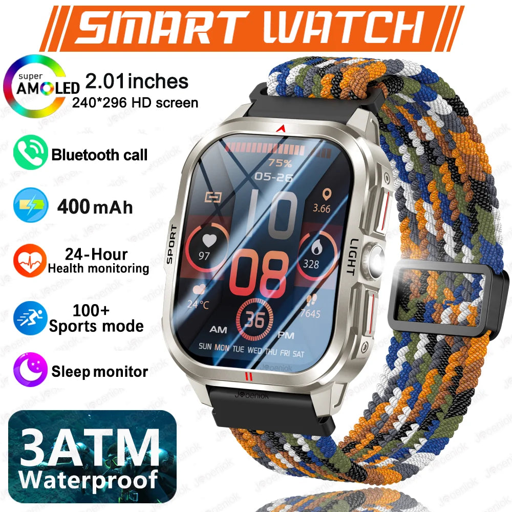 2025 New Smart Watch Men 2.01"HD Screen 3ATM Waterproof Flashlight Health Monitor 400mAh Battery Sport Bluetooth Call Smartwatch