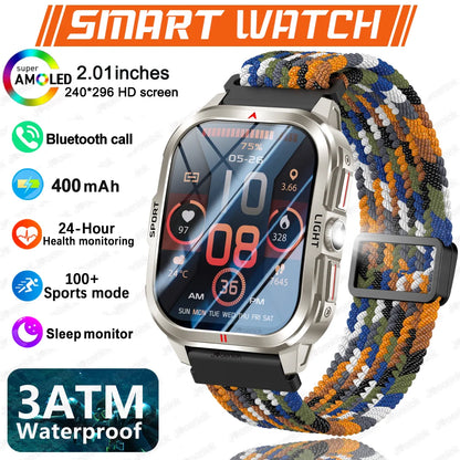 2025 New Smart Watch Men 2.01"HD Screen 3ATM Waterproof Flashlight Health Monitor 400mAh Battery Sport Bluetooth Call Smartwatch