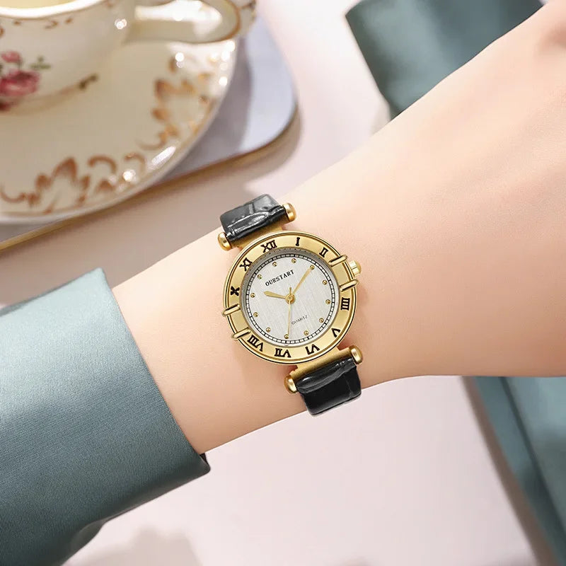 Woman Watch Simple Quartz Wrist Watches for Women Leather Strap Crystal Beads Round Dial Wristwatches Dress Clock Reloj Mujer
