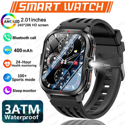 2025 New Smart Watch Men 2.01"HD Screen 3ATM Waterproof Flashlight Health Monitor 400mAh Battery Sport Bluetooth Call Smartwatch