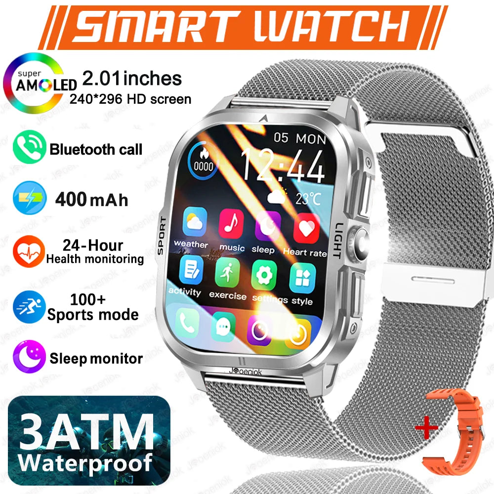 2025 New Smart Watch Men 2.01"HD Screen 3ATM Waterproof Flashlight Health Monitor 400mAh Battery Sport Bluetooth Call Smartwatch