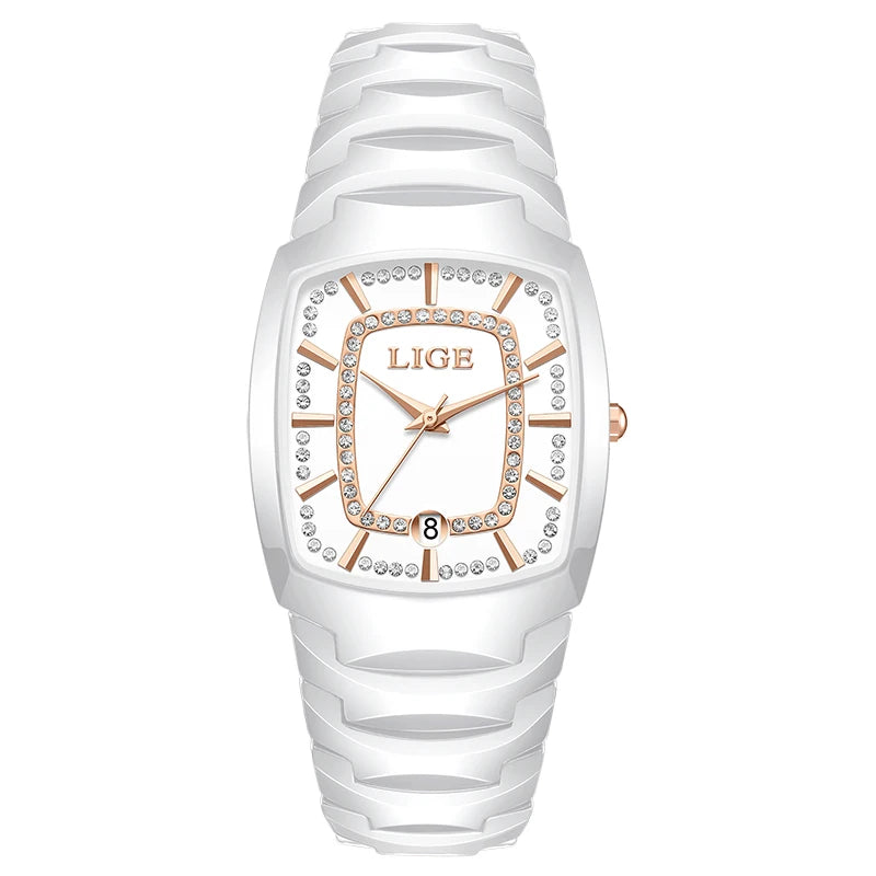 LIGE Elegant Luxury Watches for Woman Classic Fashion Casual Ceramic Strap Auto Date Waterproof Quartz Women's Watch Ladies Gift