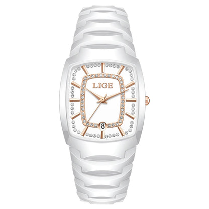 LIGE Elegant Luxury Watches for Woman Classic Fashion Casual Ceramic Strap Auto Date Waterproof Quartz Women's Watch Ladies Gift