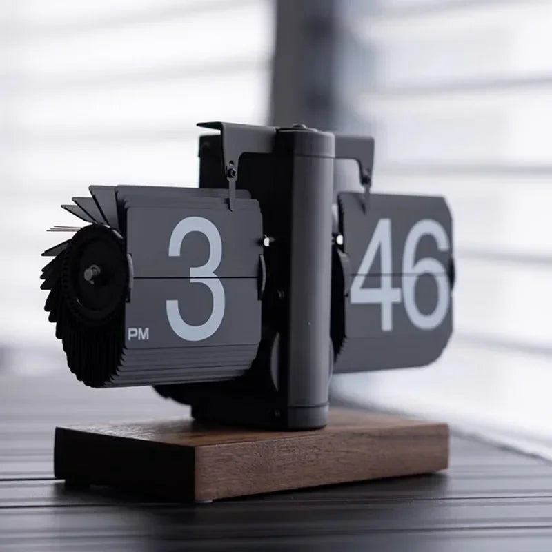 Automatic Page Turning Table Clock Creative Digital Desk Clocks Art Watches Aesthetic Living Room Decoration Solid Wood Base